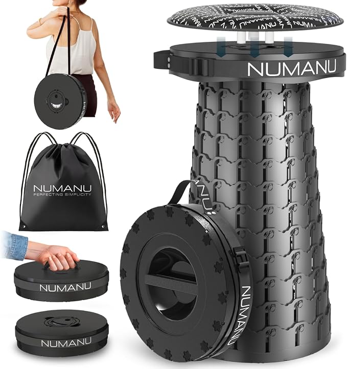 NUMANU 3XL Cushioned Collapsible Stool for Adults, Folding Seat, 1000 lbs | Oversized big & tall stool, telescoping 2.7-23.2in adjustable, 360 swivel pad + waterproof bag; travel, sports, camping