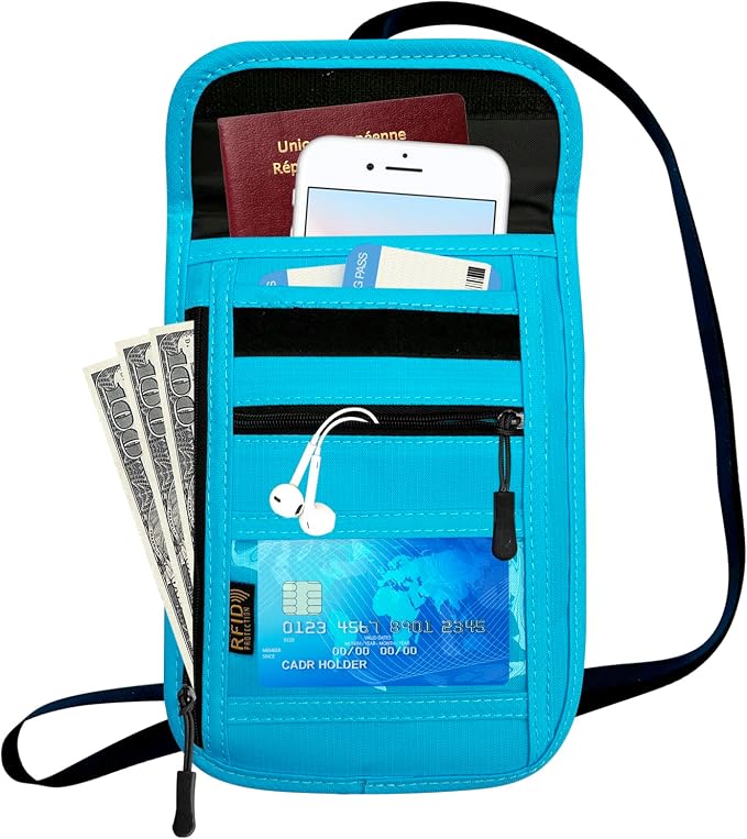 RFID Blocking Travel Neck Wallet Pouch and Passport Holder, Travel Neck Pouch Passport Holder for Women & Men - Light Blue