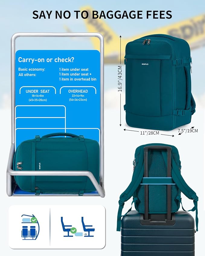 ECOHUB 17'' Small Travel Backpack, United Airlines Personal Item Bag 16.9"x10"x7.5" Carry on Backpack with USB Port Luggage Sleeve Travel Essentials for Men Women Water Resistant, Teal