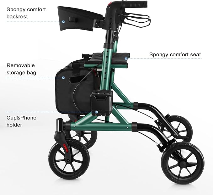 WALK MATE Rollator Walker for Seniors with Cup Holder, Upgraded Thumb Press Button for Height Adjustment, 4 x 8 Wheels Walker with Seat Padded Backrest Folding Lightweight Walking Aid, Green