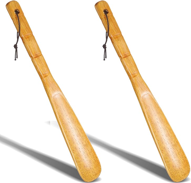 2 Pcs Shoe Horn Long Handle 13'' Wooden Shoe Helper Spoons Retro Wood Shoehorn with Lanyard Shoes Stick Helper for Seniors Men Women