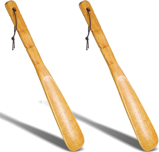 2 Pcs Shoe Horn Long Handle 13'' Wooden Shoe Helper Spoons Retro Wood Shoehorn with Lanyard Shoes Stick Helper for Seniors Men Women