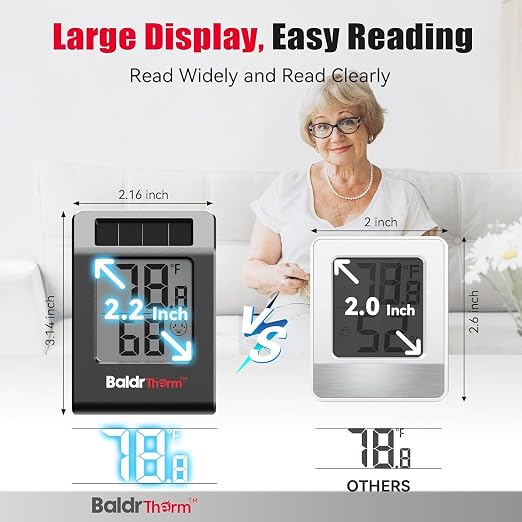 2.2'' Digital Thermometer and Hygrometer Meter, Solar-Powered Indoor Temperature Sensor Humidity Monitor, Humidity Gauge for Baby Rooms, Bedrooms, Home, Office, and Wine Cellars, Black, 2Pack