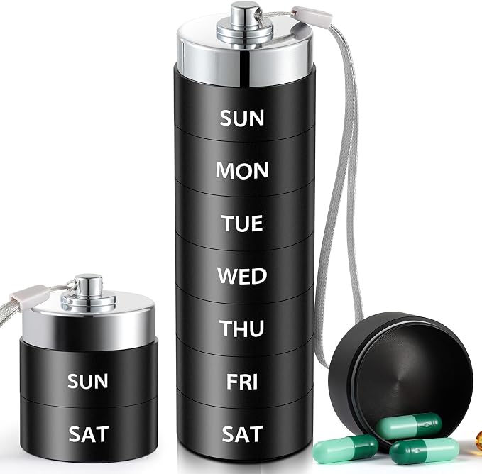 Metal Travel Pill Organizer, Large Weekly Pill Box, Portable Aluminum Alloy Waterproof Container, 7 Day Daily Medicine Organizer Holder for Vitamin, Fish Oil, Supplement, Black