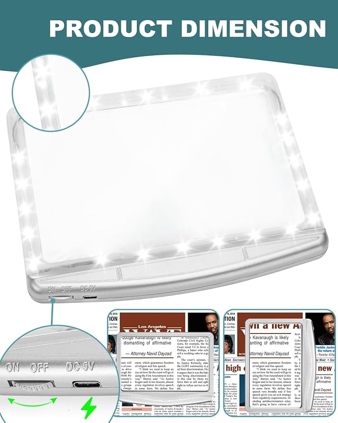 5X Rechargeable Magnifying Glass with Light, Large Bright LED Lighted Full Page Magnifier, Lightweight Rectangular Handheld Magnifier with Light for Reading Small Prints for Seniors, Silver