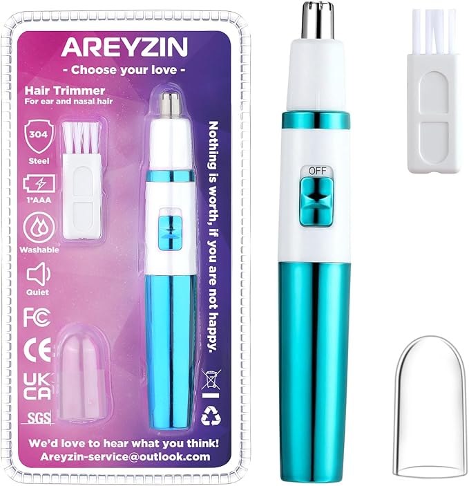 AREYZIN Ear and Nose Hair Trimmer Clipper - 2026 Professional Painless Ladies Eyebrow & Facial Hair Trimmer for Men Women,Battery-Operated,with IPX7 Waterproof Dual Edge Blades for Easy Cleansing