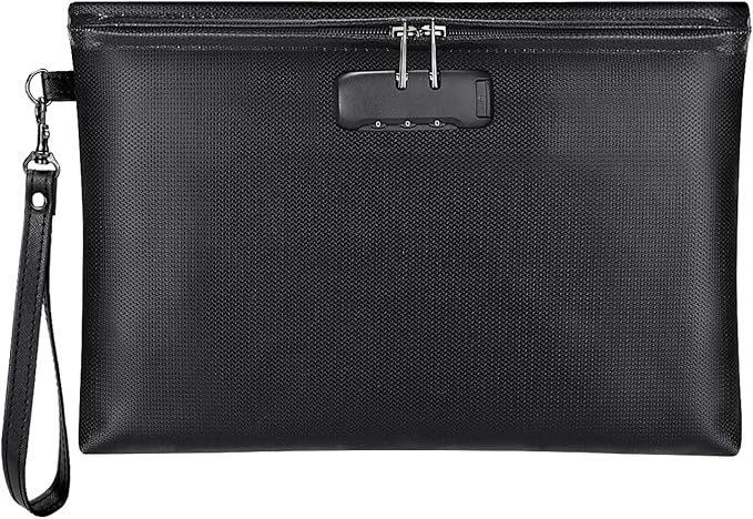 Fireproof Money Bag with Lock, 11.2"x7.6" Fireproof Cash Bag with Zipper Closure, Storage Pouch for A5 Size Document, Cheque, Cash, Cell Phone, Tablet, Credit Card, Passport, Jewelry (Black)