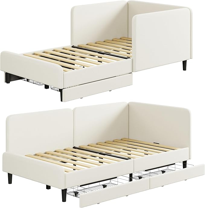 LIKIMIO Twin Daybed with Headboard, 2 Storage Drawers and Guardrails, Cream | No box spring needed. Safety rails & drawers. Ideal for dorms, guest rooms, small spaces. Easy assembly.