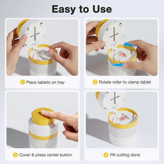 Sukuos Pill Cutter, Adjustable 1/4 and 1/2 Splitter for Cutting Multiple Pills, Press-to-Cut Small & Large Tablets with Pill Crusher and Storage Compartment &Sharp Stainless Blade, Orange