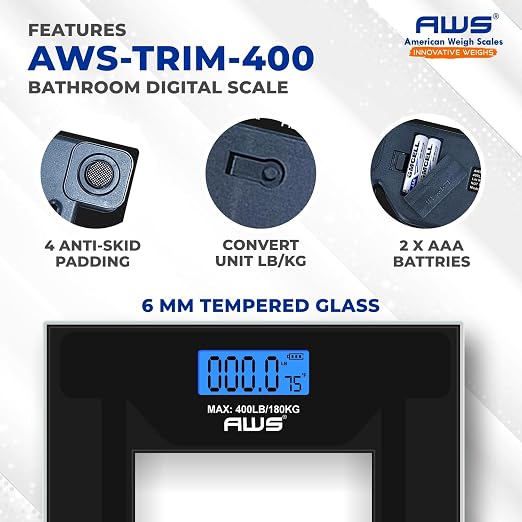 AWS Digital Bathroom Scale 400 lb Capacity | Clear Tempered Glass Body Weight Scale with Large Display | Low-Profile Modern Design, High Accuracy & Step-On Technology