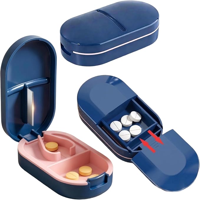 Pill Splitter with Stainless Steel Blade, BPA-Free Pill Cutter, V-Shaped Precision Pill Cutting Device, Portable Travel Pill Divider for Cutting 1/2 1/4 1/8 Small Medium Pills (Blue)