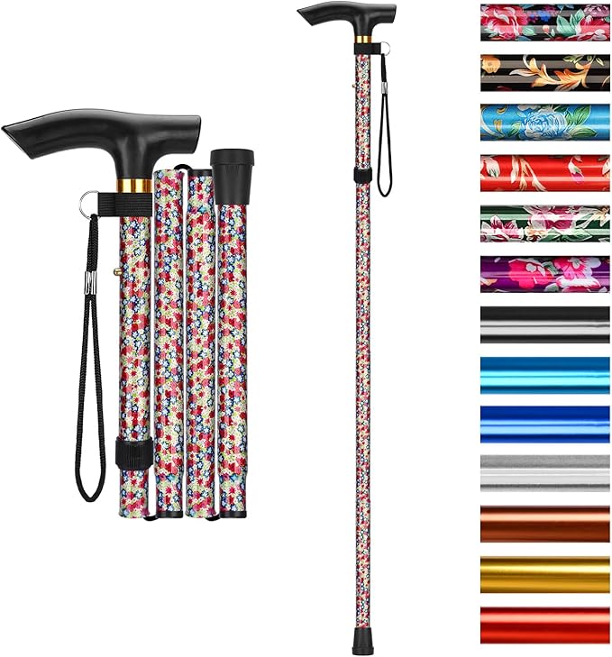 supregear Folding Cane, 5-Level Adjustable Height Walking Stick Lightweight Collapsible Portable Travel Cane with Wrist Strap and T Handle for Elderly Disabled Men Women