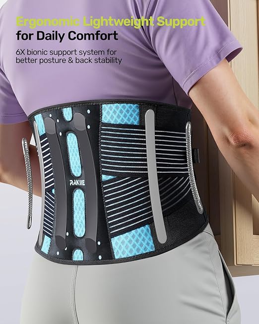 Rakiie Slim Back Brace for Lower Back Pain Relief, Lightweight & Breathable Back Support Brace for Men Women, Ergonomic Light Lumbar Support for Everyday Wear, Sky Blue S