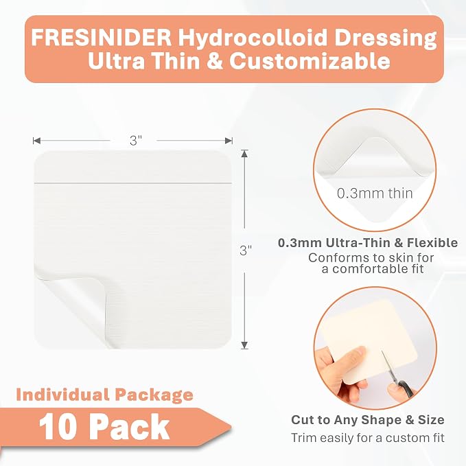 FRESINIDER Hydrocolloid Wound Dressing 3" x 3" – 10 Pack Ultra Thin Self-Adhesive Bandages for Wound Care, Bed Sores, Acne, Blisters – Waterproof & Absorbent Hydrocolloid Patches for Faster Healing