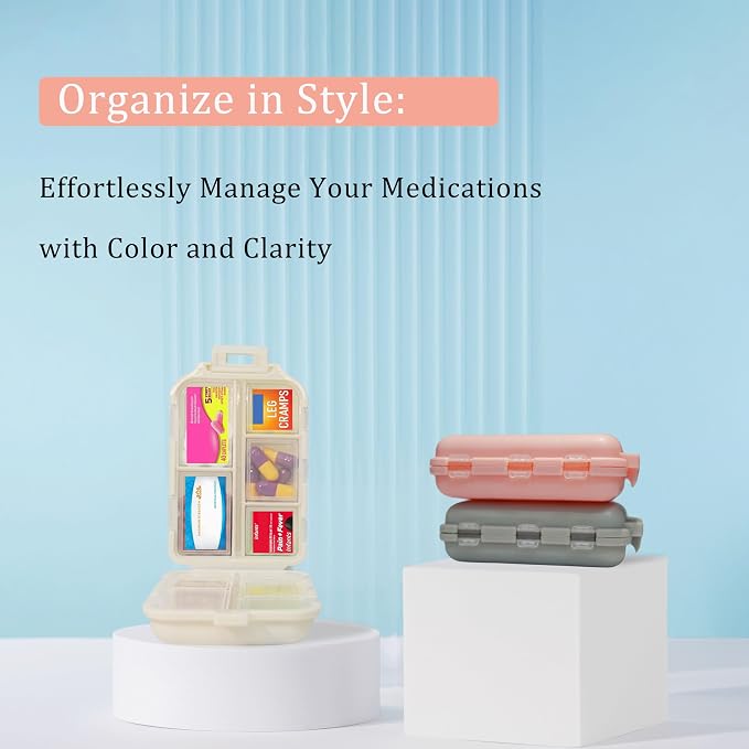 Pill Organizer with 161 Medicine Labels, Grey Travel Pill Case | Compact 10-compartment pill case with 161 labels for daily vitamins, supplements, 7-day planning, purse, backpack, and travel