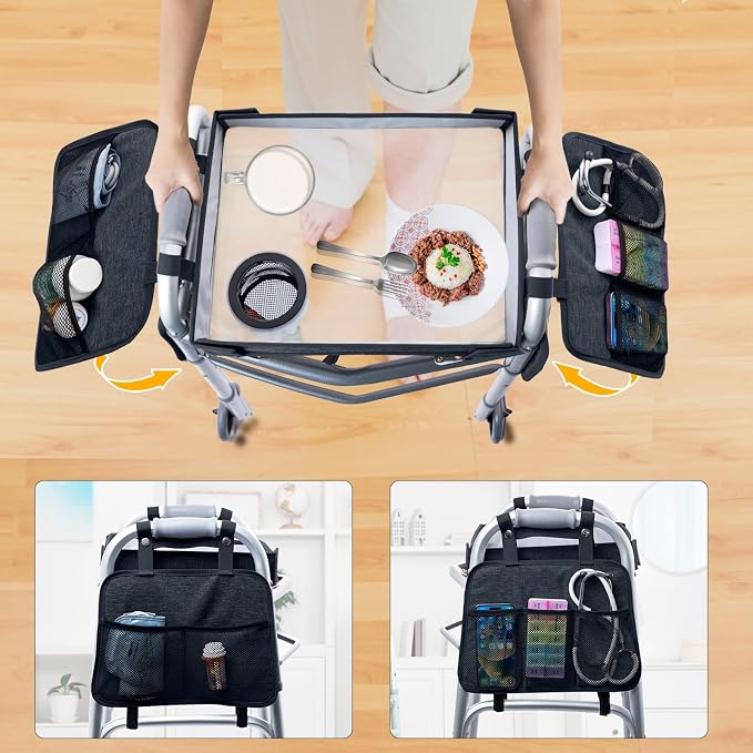 BAGSFY Upgraded Clear View Walker Tray for Seniors– Universal Folding Walker Table with Cup Holder & Side Pocket | Hard Top Lightweight Walker Accessory, Tool-Free Installation, Fits Most Walkers