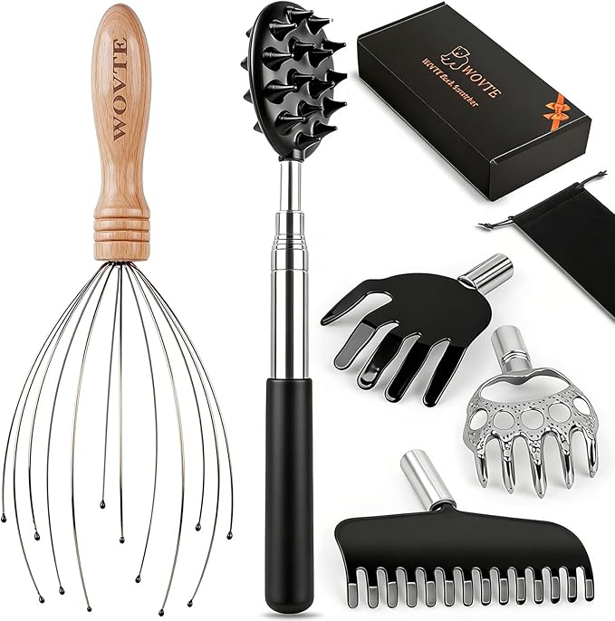 WOVTE 4 in 1 Telescoping Back Scratcher and Wooden Scalp Massager Kit | Replaceable Massage Head, 12-finger Head Massager, Ideal Stocking Stuffers, Exquisite Gifts Box, Perfect Gifts for Men Women