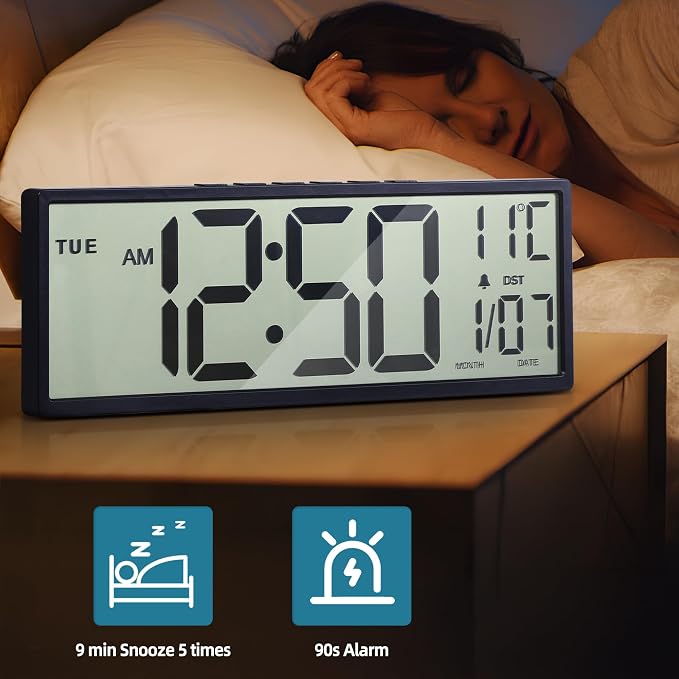 15" Large Digital Wall Clock Battery Operated Black, Clock with Large Display Numbers, Calendar, Auto DST, Clocks for Living Room, Kitchen, Office, Bedroom
