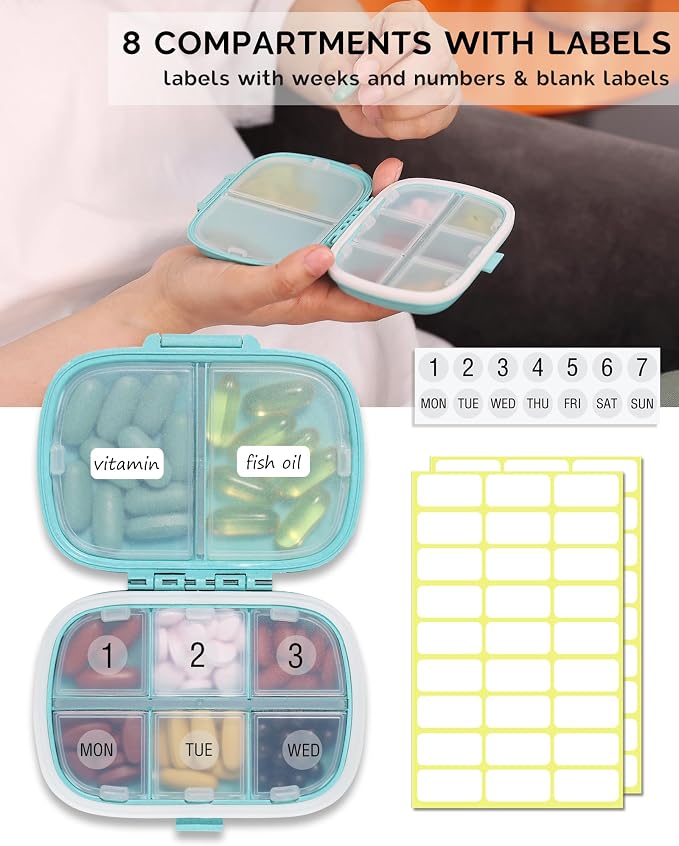 MEACOLIA 3 Pack 8 Compartments Travel Pill Organizer, Daily Pill Case Small Pill Box for Pocket Purse, Portable Pill Container Medicine Vitamin Organizer (Blue, Green, Khaki)