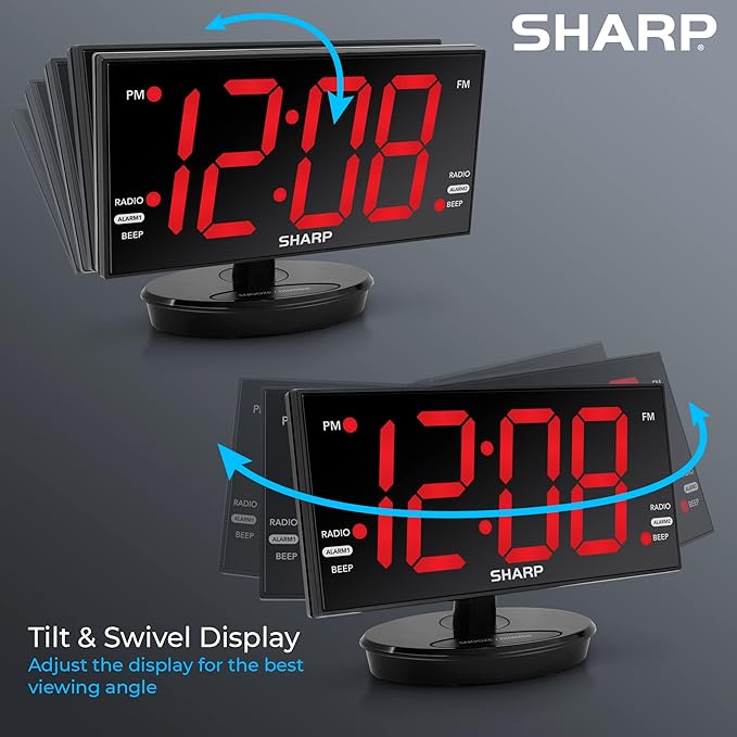 Sharp AccuSet Digital Alarm Clock, 8.9" Tilt/Swivel, FM Radio, Dual USB | 3-inch easy-read digits, 10 station presets, 3-level dimmer, 2 wake times, 9-minute snooze, CR2032 backup, mirror finish