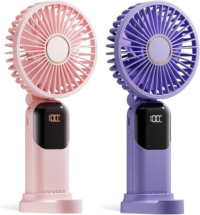 GOCKERA Portable Fan, 4200mAh Battery Operated Fan, 5 Speeds&Digital Display, Makeup Fans for Women with Base, 180°Foldable 3in1 Handheld/Neck/Desk Fan for Outdoor Indoor,Ultra Quiet (Pink Purple)