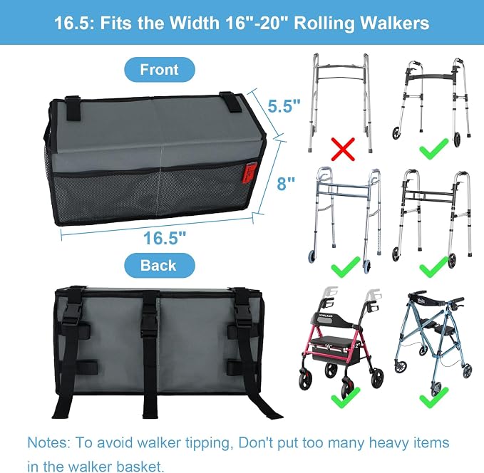 Walker Basket for Width 16"-20" Folding Walkers/Rollators, Large Capacity Walker Storage Baskets with Cup Holder, Lid & Multiple Pocket, Easy to Use Walker Tote Bag for Seniors, Gray.