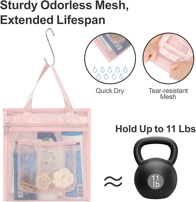 Small Mesh Shower Caddy Portable - Zipper Gym Shower Bag for Travel, Pink | 3 Pockets, Quick-Dry Mesh, S-Hook, Hanging Shower Caddy for Toiletry Essentials, Bathroom & Camping