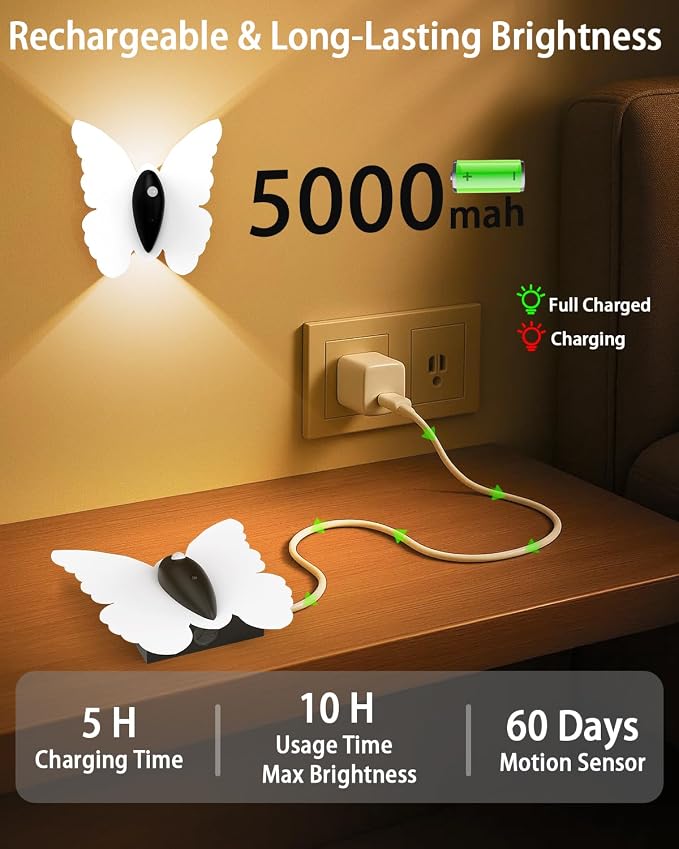 Eneru Motion Sensor Wall Sconce Set of 2, Rechargeable Wall Lights, Indoor | 5000mAh Battery Operated Wall Sconces, Motion Activated, Magnetic Butterfly Night Light for Hallway Stair Closet Pantry,White