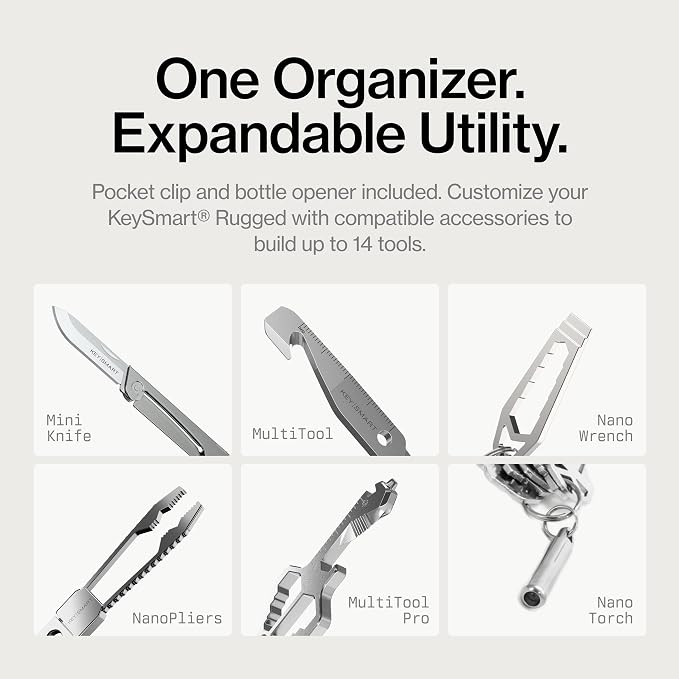 KeySmart Rugged Keychain Multitool Key Holder, Up to 14 Keys | Key Organizer for EDC. Expandable, Durable Build, Reduces Key Chain Bulk & Jingle, Pocket Clip & Bottle Opener Included