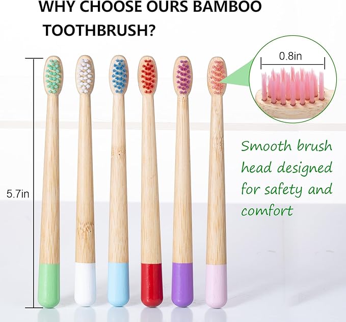 Kids Bamboo Toothbrushes Set, BPA Free Soft PBT Bristles, Natural Eco Friendly Wooden Tooth Brush for Children Toddler, Biodegradable Individual Wrap Travel Toothbrush 6 Pack