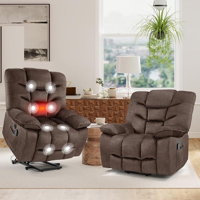 HAOMARKETS Oversized Power Lift Recliner Set of 2 with Massage and Heat for Elderly, Electric Lifting Reclining Chair with Side Pockets and USB Port for Living Room, Drown