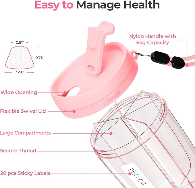 AUVON Large Pill Organizer, Pill Dispenser for Holding 6 Various Vitamins, Pill Box Case with Anti-Mixing & Wide Opening Design, Easy to Retrieve Meds, Includes 20 Pcs Stick-on Labels