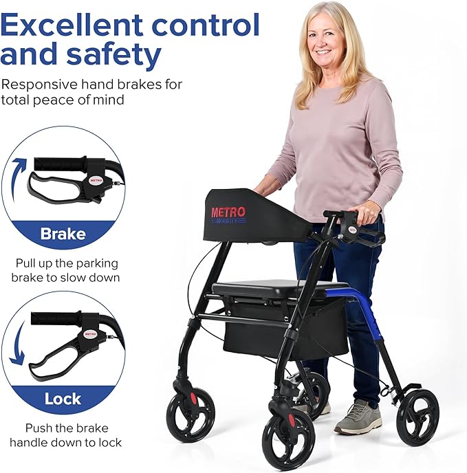 Metro Mobility Rollator Walker with Seat for Seniors, Foldable Lightweight Rolling Walker, 8" Big Wheels for All Terrain, 300 lb. Weight Capacity, Blue