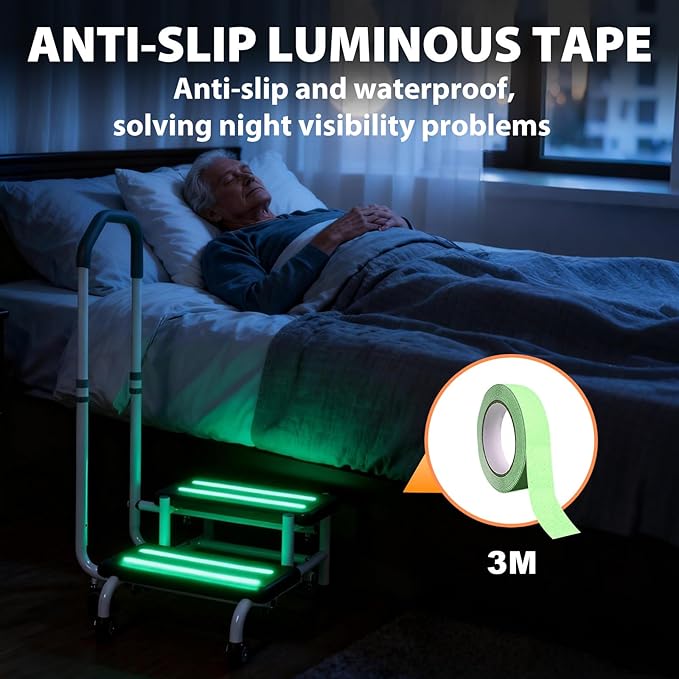 Step Stool with Handle for Elderly with Lockable Casters 5-Level Adjustable Handrail Non-Slip Platform Bed Steps for High Beds for Adults for Bathtub Kitchen High Beds Foot Stool