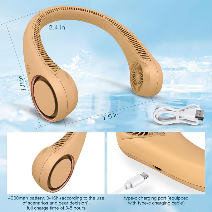 CIVPOWER Neck Fan: Portable Personal Neck Cooling Rechargeable Bladeless Fan - Hands Free 3 Speed 4000 mAh Battery USB Operated Wearable Headphone Design - Gift for Men Women Outdoor (Orange)