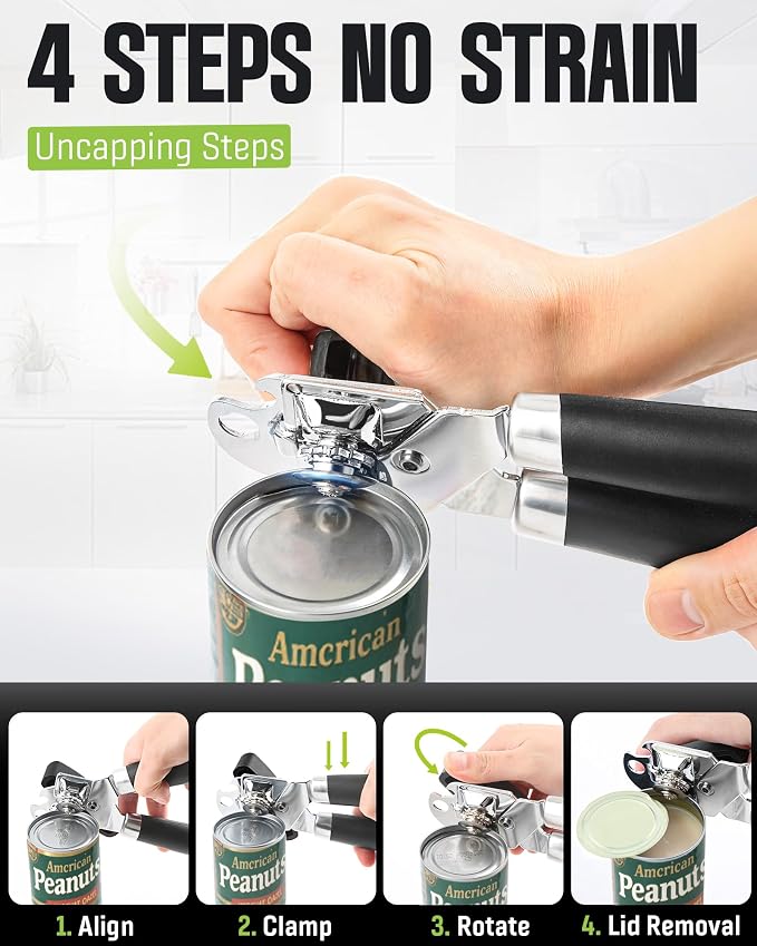 Multifunctional Can Opener Manual, Durable Heavy Duty Handheld Strong Can Opener with Smooth Cutting Edge, Friendly Kitchen Essentials Tool for Seniors, Camping and Bottle Opening-Black