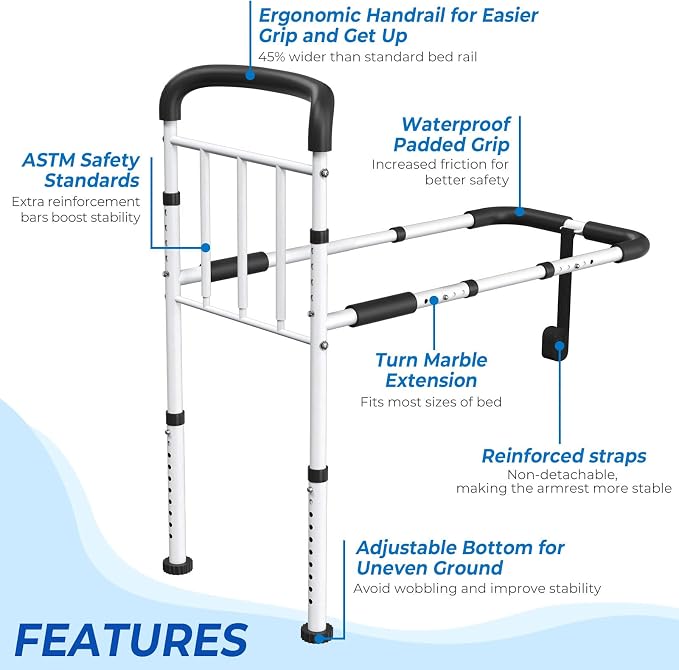 Bed Rails for Elderly Adults Safety - ASTM Approved Adjustable Bed Cane with Non-Slip Ergonomic Handle & Storage Pocket, 400 LBS Stable Bed Assist Rails for Seniors, Tool-Free
