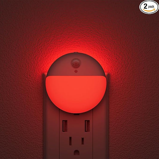 2 Pack Plug in Red Sleep Night Light with Motion Sensor and Dusk to Dawn Sensor, 3 Modes, Soft Glow, Stepless Dimming, LED Lights for Bedroom, Sleep, Baby Nursery, Kids, Toddler, Home Decor
