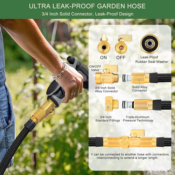 Garden Hose Non-Expandable 100 ft, Lightweight Flexible Water Hose with 10 Function Spray Nozzle, Outdoor Leak Proof, Kink-Free, Portable Hose for Yard, Lawn, Camper, High-Density Fabric, Black Grey