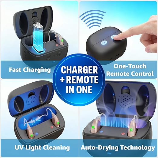 EarCentric EasyCharge PRO Digital OTC Hearing Aids for Seniors – No App, No Bluetooth Needed – Remote Control Charging Case with UV Light & Auto-Dryer