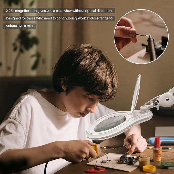 LED Magnifying Lamp with Clamp, 5 Inch Magnifier Glass Lens, Metal Swing Arm Dimming 1200 Lumens Lighted Magnifying Desk Lamp for Crafts, Bright 60PCS LEDs - 2.25X Magnification(White)