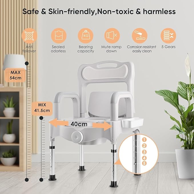 Bedside Commode Chair for Adults, 3-in-1 Commode Toilet for Elderly & Disabled, Portable Potty Chair with Bucket & Lid for Bedroom, Post Surgery & Home Care (GreyWhite)