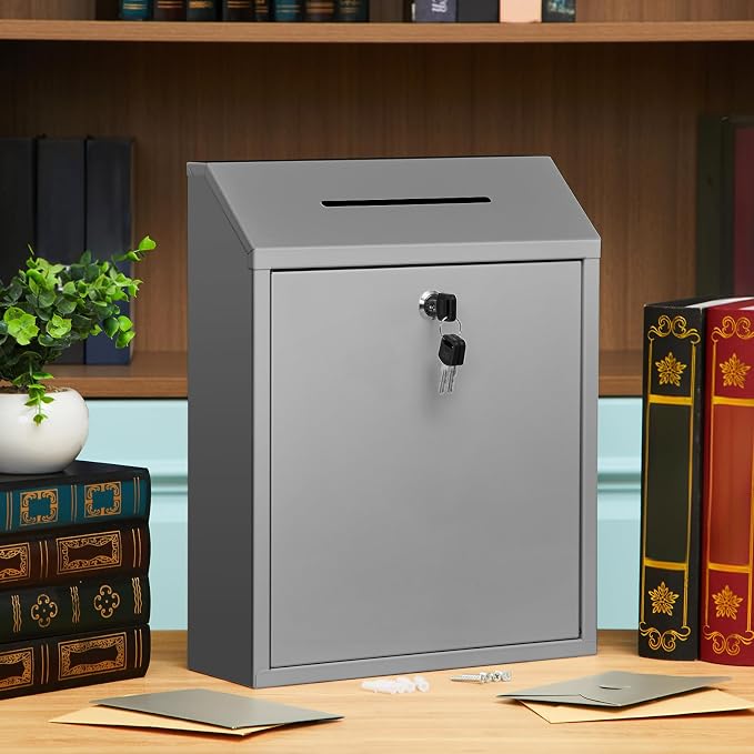 Yaocom Metal Money Box,Gray,15 x 12 x 4 Inch,No Lid | Wall Mounted Drop Donation Cash Box for Farm Stand Collection Safe Suggestion Box with Lock Container for Home Office Outdoor