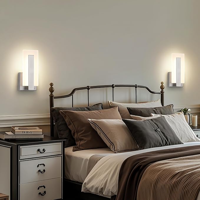 Joosenhouse Modern Wall Sconces Set of Two, with Motion Sensor, Dimmable Hardwired Wall Lights, Nickel-Finish Indoor Wall Lights Suitable for Bedrooms, Living Rooms, and Hallways