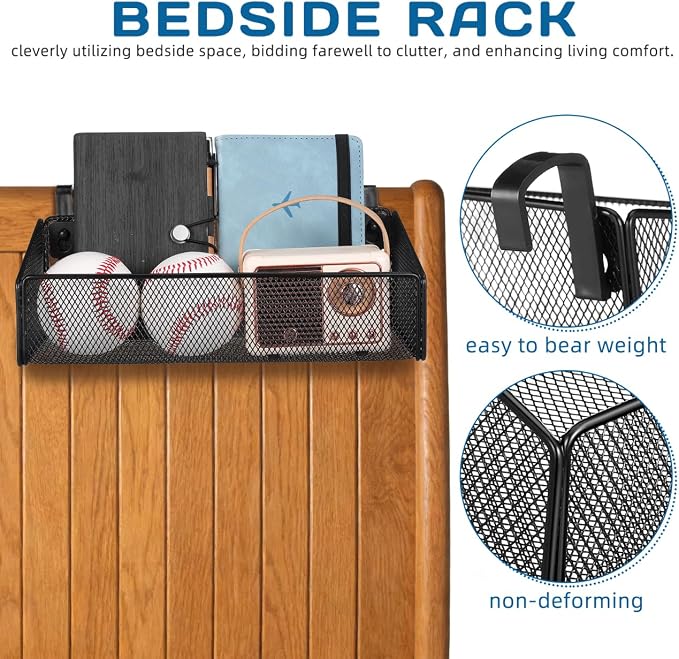 Luxshiny Bedside Hanging Storage Basket, Beside Shelf Metal Organizer Rack | No Drilling Required, Attaches to Bed Frame or Desk, Stores Phone and Books, 1 Basket with 10 Hooks