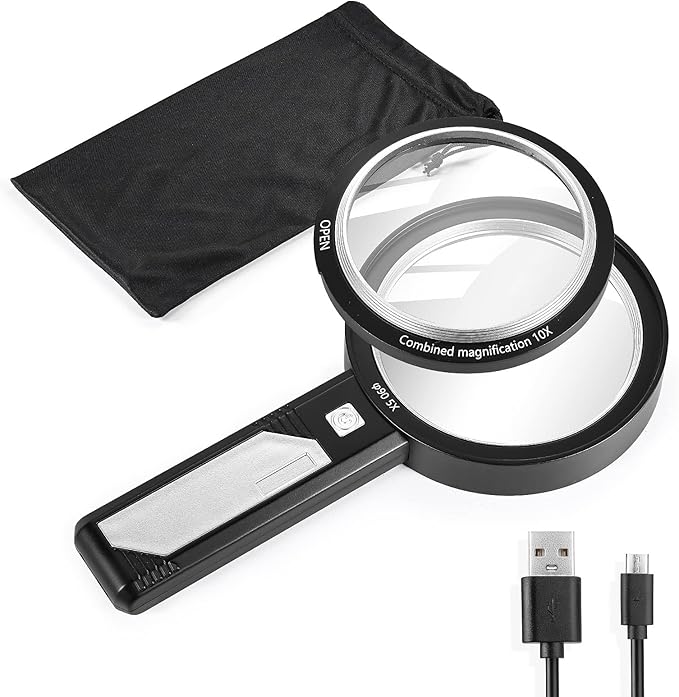 Magnifying Glass with Light, USB Rechargeable 5X 10X 15X Handheld Magnifying Glass Double Lens Magnifier 8 Light for Reading Small Prints, Seniors Reading, Books, Map, Coins