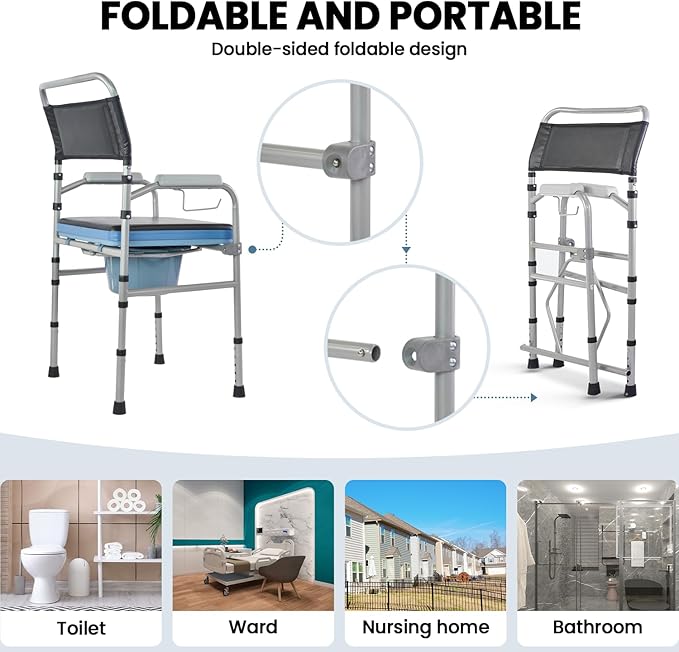 Folding Bedside Commode, Height Adjustable Toliet Chair for Seniors with Padded Seat and Arms, Portable Potty Shower Chair for Elderly Handicap Adult