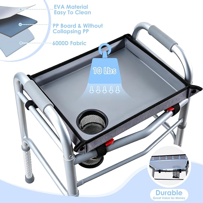 Walker Tray with Cup Holder – Universal Hard Top Walker Accessory for Seniors | Adjustable Side Panels, Waterproof & Easy to Install, With Cup Holder Keeps Drinks Stable, Universal Fit, No Tools Required