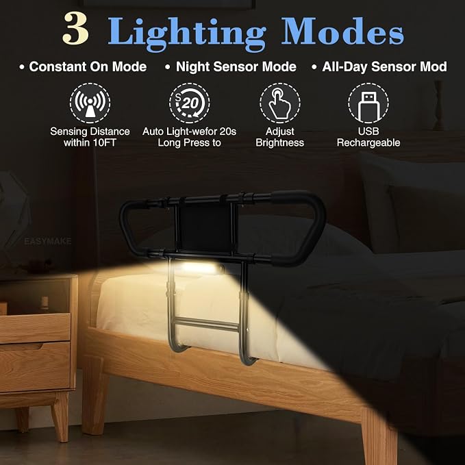 Bed Rails for Elderly Adults Safety: Adjustable Bedside Assist Rails with Storage Pockets, Non-Slip Handles, Items for Elderly Bed Rail, 400LB Gravity Capacity Black