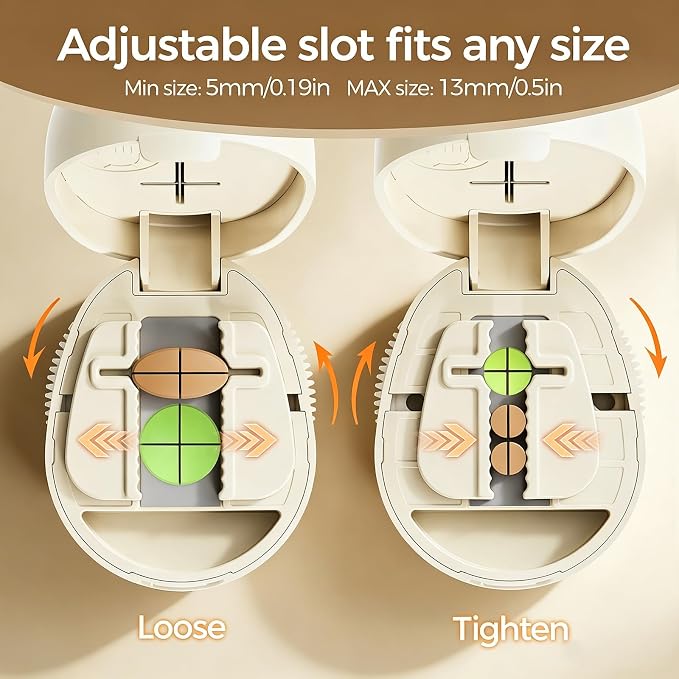 Adjustable Pill Cutter Splitter for Small and Tiny Pills, 1/2 1/4 Pill Splitter for Small Pills Vitamins Tablets, Accurate Alignment & Easy Cutting, Hidden Sharp Blade, Bottom Storage (Brown)